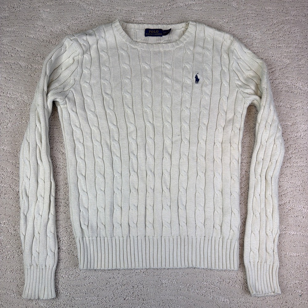 Women's Polo Ralph Lauren Size Small Cream Cable Knit Pony Sweater Preppy